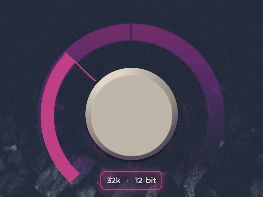 The FIDELITY knob and arc, with the coordinate readout beneath it reading 32k, 12-bit.