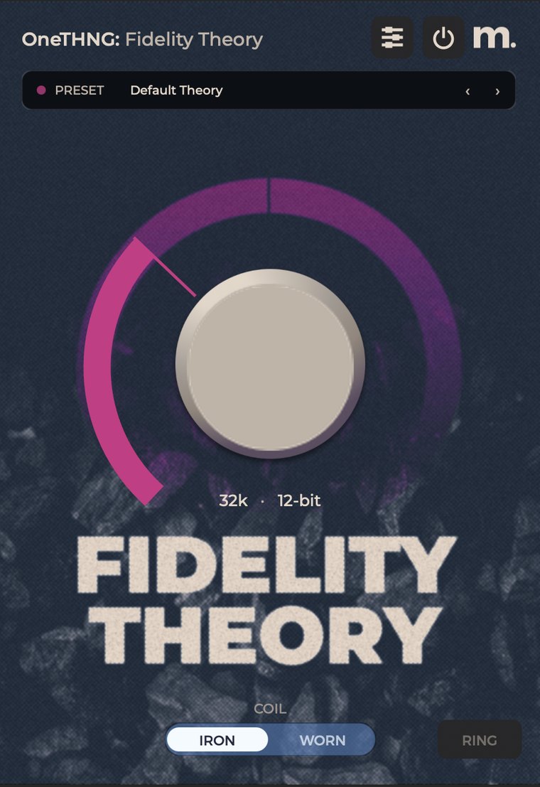 The oneTHNG Fidelity Theory plugin panel, showing the FIDELITY macro at 32k and 12-bit with the COIL switch below it.